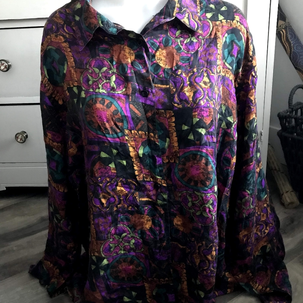 Vtg Elite Intl Silk Abstract Blouse Size L